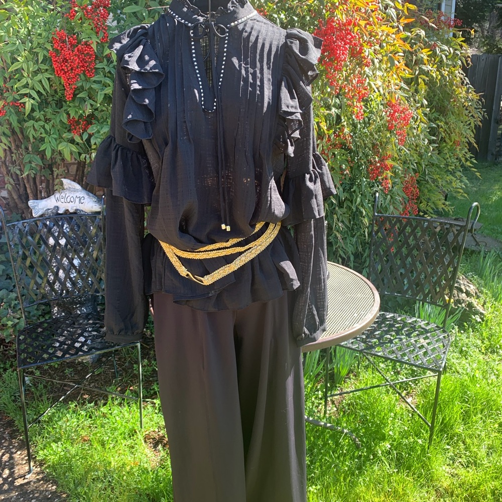 Free Generation ruffle front pirate black chiffon style sheer blouse top - Picture 2 of 15